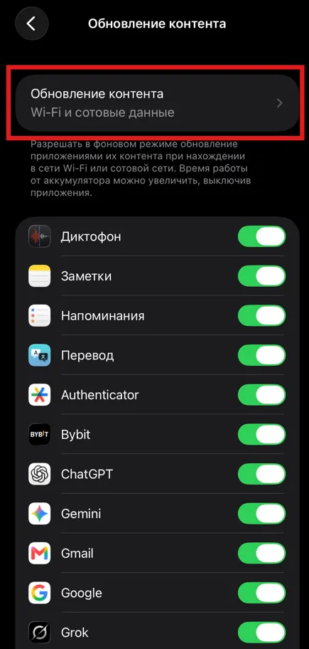 Пункт выбора режима фонового обновления в настройках iOS